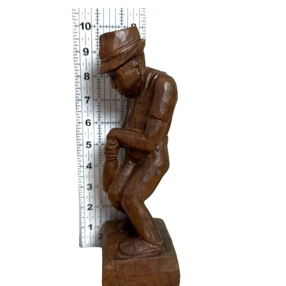 Vintage Hand Carved Folk Art Wooden Man Statue Hat & Suspenders 10" - Picture 2 of 8